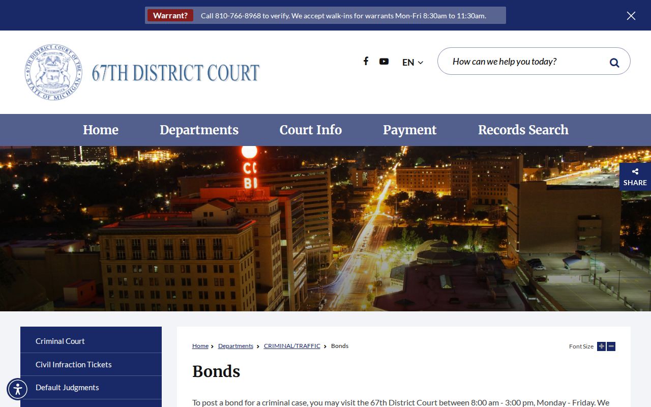Genesee County warrant records: 67th District Court bond location and payment information