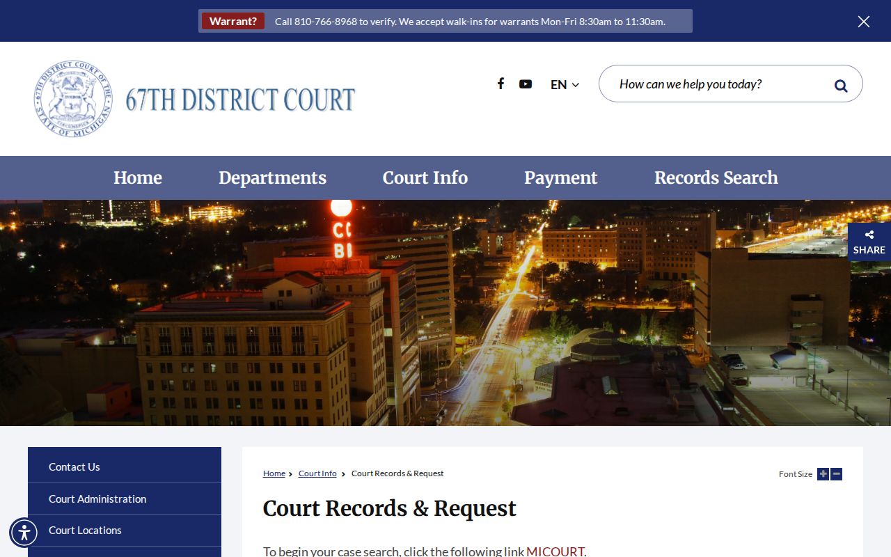Genesee County warrant records: 67th District Court case search and older records instructions