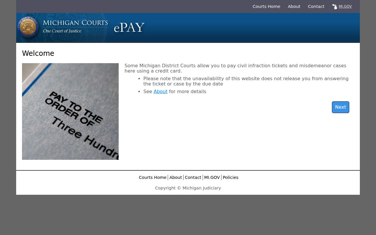 Genesee County warrant records: Michigan eCourts payment and court contact landing page