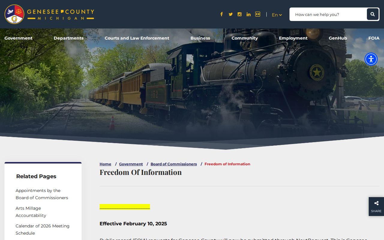 Genesee County warrant records: county FOIA page and February 10, 2025 NextRequest transition