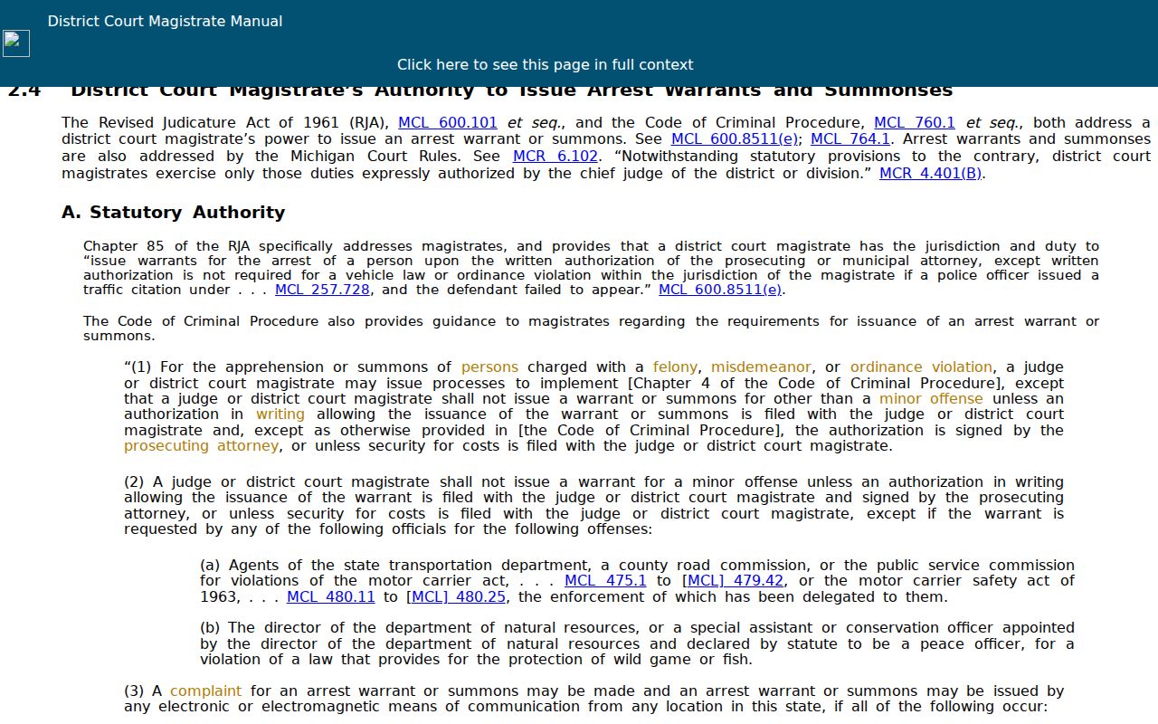 Genesee County bench warrant search: Michigan benchbook page on magistrate and judge warrant authority