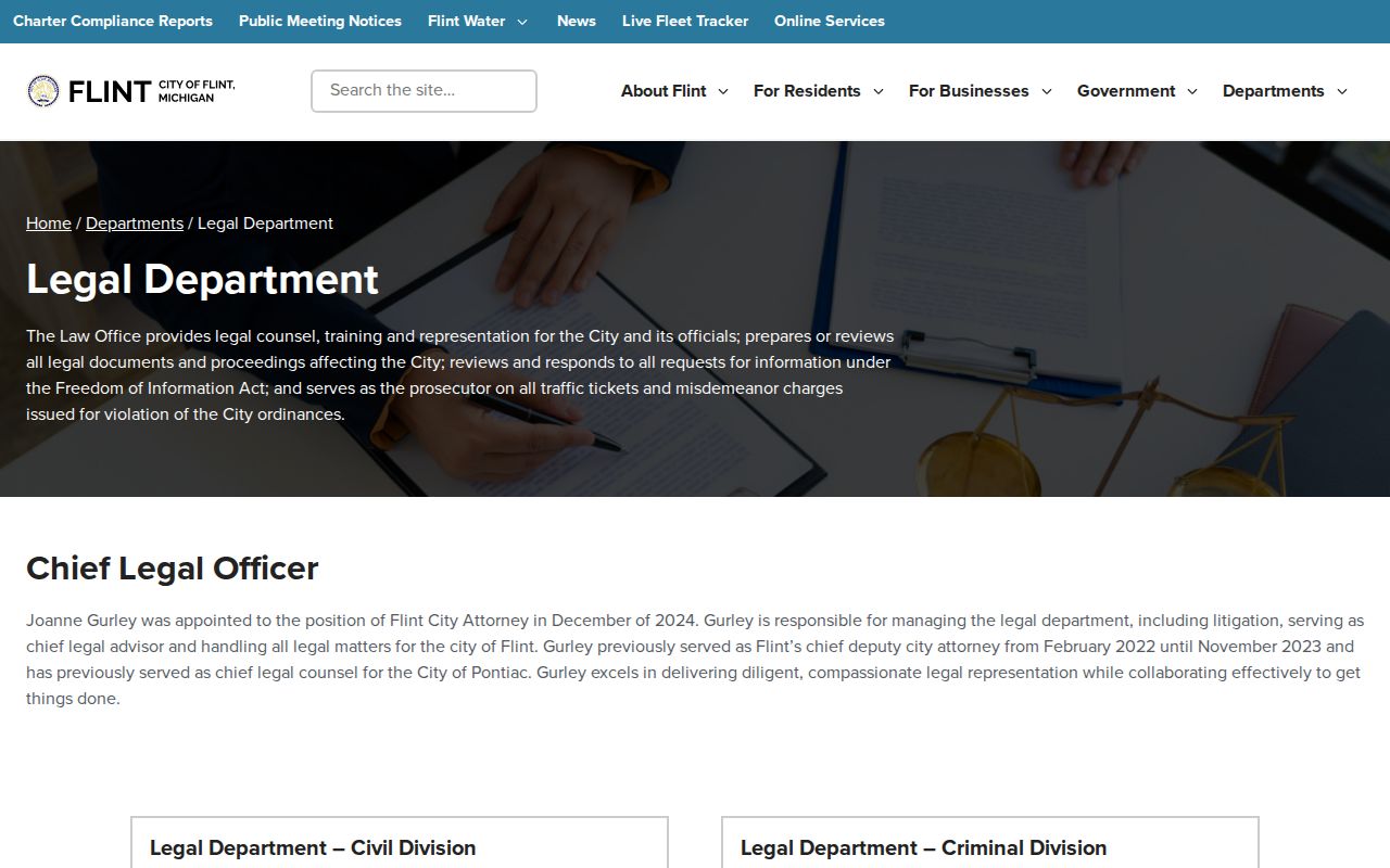 Flint warrant records: City of Flint legal department page describing the city prosecutor role