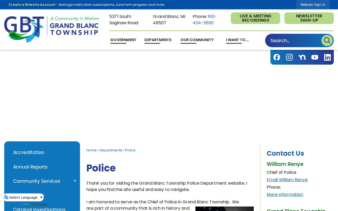 Grand Blanc warrant search: Grand Blanc Township police service page labeled as township-only