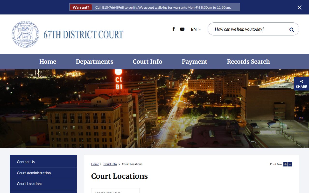 Genesee County warrant records: 67th District Court six locations and divisions page