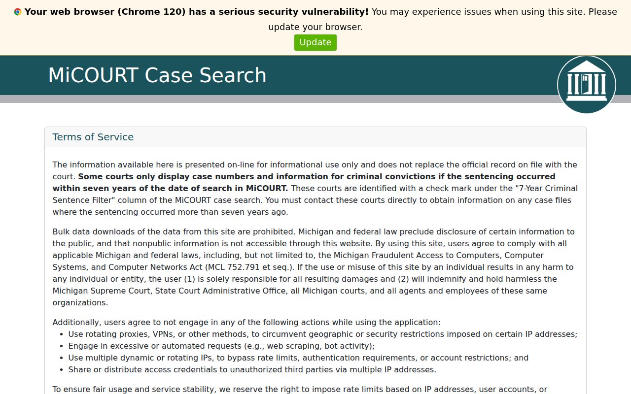 Genesee County warrant records: MiCOURT case search terms and interface page
